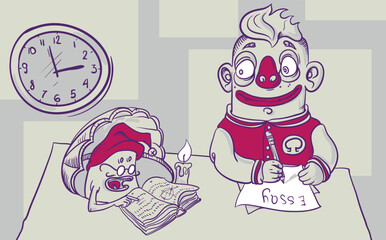 Caricature with a student wearing american sport jacket who is writing an essay cheating with a small prompter who is telling him an information for the work