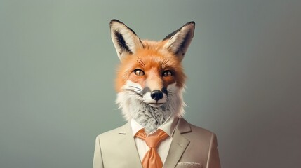 Obraz premium Elegant fox with dress suit, fox for a special occasion. Fox businessman in jacket, shirt, bow tie or tie and hat. Pastel colors and backgrounds. Business animals in suit jackets. 