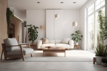 Modern living room with white wall couch. Generative AI