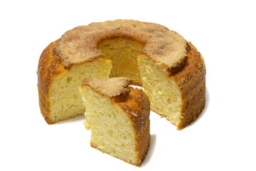 Yoghurt sponge cake, isolated on white background. Pastry concept..