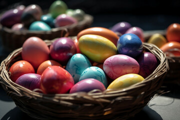 Fototapeta na wymiar many Colorful of Easter eggs in basket, Generative AI