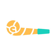 Color Birthday whistle flat icon isolated on white background. Striped yellow event decoration design. Abstract minimal anniversary celebration toy. Fun party blowing noisemaker vector illustration.