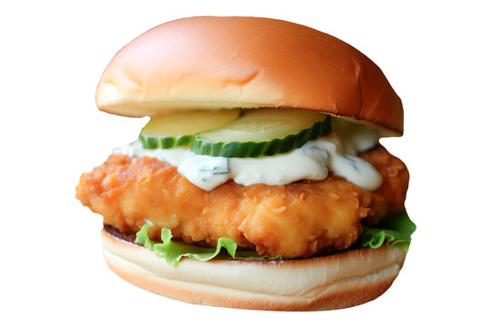 Burger With Crispy Cod Fish Fillet And Brioche Bun, Cucumber And TarTar Sauce With No Background, PNG