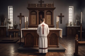 Christian priest standing by the altar. AI generated - obrazy, fototapety, plakaty