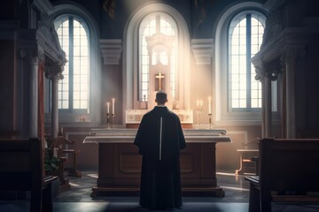 Christian priest standing by the altar. AI generated - obrazy, fototapety, plakaty