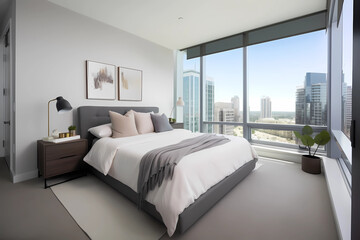 Master bedroom and large windows with views of the city.