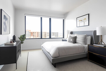 Master bedroom and large windows with views of the city.