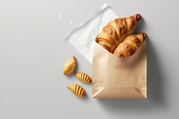 Paper bag with croissants on white background. Space for design. AI generated
