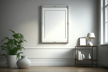 mockup. Picture frame in the interior, living room in white tones. AI generative.