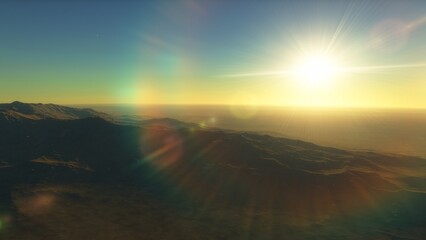 Mars like red planet, with arid landscape, rocky hills and mountains, for space exploration and science fiction backgrounds.
