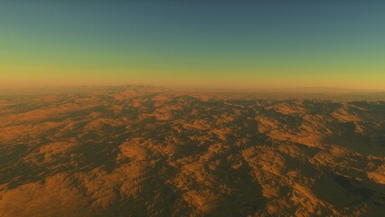 Mars like red planet, with arid landscape, rocky hills and mountains, for space exploration and science fiction backgrounds.
