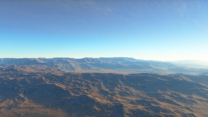 Mars like red planet, with arid landscape, rocky hills and mountains, for space exploration and science fiction backgrounds.
