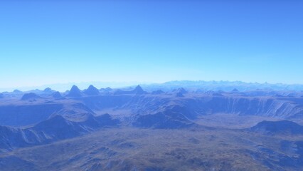 Mars like red planet, with arid landscape, rocky hills and mountains, for space exploration and science fiction backgrounds.
