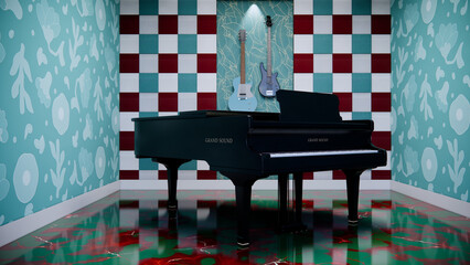 Black Piano with guitars hanging on the feature wall of the blue and black theme music studio.