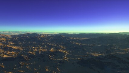 Mars like red planet, with arid landscape, rocky hills and mountains, for space exploration and science fiction backgrounds.
