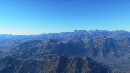 Mars like red planet, with arid landscape, rocky hills and mountains, for space exploration and science fiction backgrounds.
