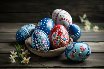 Fototapeta na wymiar Swedish Folk Art Easter Eggs on rustic wooden table, Generative AI
