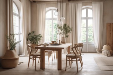 White and beige farmhouse dining room with bleached oak table and chairs. Plaster walls, bohemian decor,. Generative AI