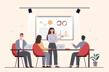 Business training concept. Men and women sit near whiteboard with graphs and charts. Working with statistics. Board of directors, brainstorming and presentation. Cartoon flat vector illustration