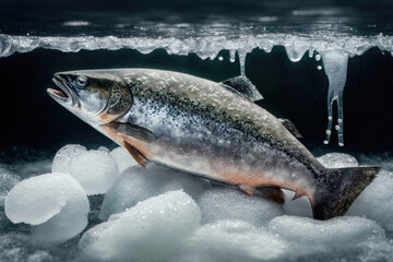 Obraz premium Wild salmon on ice. AI generated