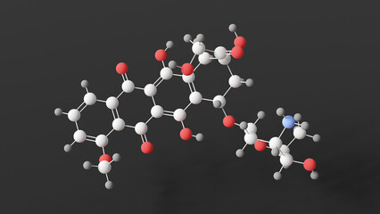 doxorubicin molecule, molecular structure, antineoplastic agents, ball and stick 3d model, structural chemical formula with colored atoms