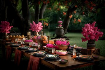 Thai feast in a blossoming garden, a wooden table draped with vibrant, patterned fabric showcases an exquisite arrangement of ceramic bowls (AI Generated)