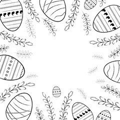 Ilustración de huevos de pascua y hojas con textura de lápiz, sin fondo, para usar como marco o borde sobre cualquier diseño, con espacio para texto