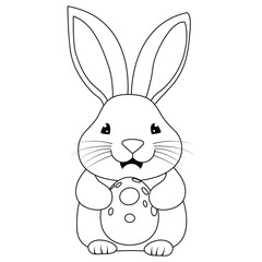 Ilustración de lindo conejo de pascua sosteniendo un huevo decorado en contorno, para colorear, sin fondo, para usar sobre cualquier diseño.