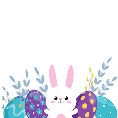 Ilustración de lindo conejito con huevos de pascua y plantas, sin fondo, con espacio para colocar texto.