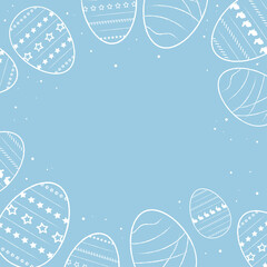 Ilustración de huevos de pascua en contorno sobre fondo azul celeste, espacio para colocar texto