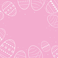 Ilustración de huevos de pascua en contorno sobre fondo rosado, espacio para colocar texto
