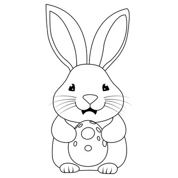 recommend clip art: Ilustración de lindo conejo de pascua sosteniendo un huevo decorado en contorno, para colorear, sin fondo, para usar sobre cualquier diseño.