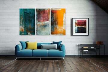 Living room, interior design, with painting, generative ai