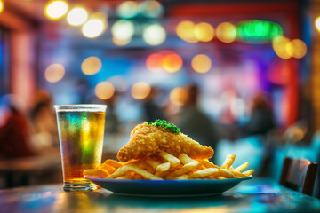 fish and chips with beer served at a cool trendy restaurant, generative AI