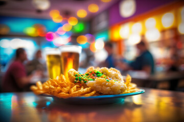 fish and chips with beer served at a trendy restaurant, generative AI
