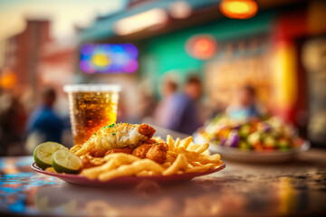 fish and chips served with a beer, delicious street food, generative AI