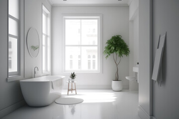 Fototapeta na wymiar Bathroom in minimalist style, white colors. AI generative.