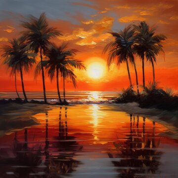 A painting of sunset with palm trees