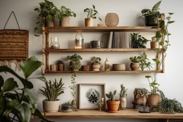 Fototapeta premium Wooden shelf with lovely houseplants and décor on light wall in room. Generative AI