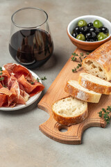 Italian ciabatta bread cut in slices on a light background. banner, menu, recipe place for text, top view
