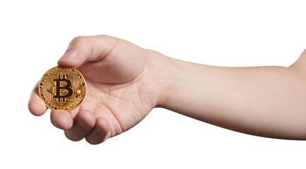 Hand holding a golden bitcoin, cut out