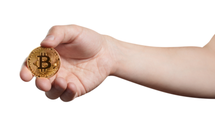 Hand holding a golden bitcoin, cut out