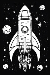 Simple coloring book page with space rocket for children, Generative AI