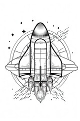 Simple coloring book page with space rocket for children, Generative AI