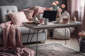 Remote workstation or boho lounge. Gray armchair with pink cushion, table with hot drink and laptop, vase with dried flowers, lamp, carpet, and light wall. Generative AI