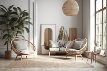 Scandinavian living room with wicker round chair, poster mockup, and decoration. Generative AI