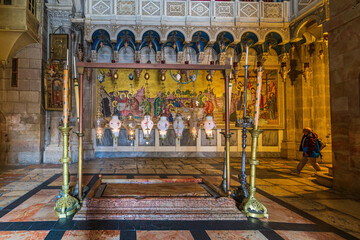 The Stone of Anointing in the Church of the Holy Sepulchre in Jerusalem, Israel