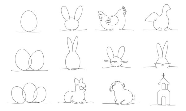 Easter continues one line pack. Vector stock illustration set isolated on white background for design template egg hunt, invitation, greeting card, menu. Editable stroke single line. 