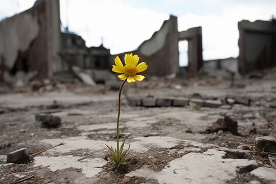 New yellow flower growing in a war zone or ruins generative AI	