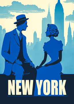 A vintage poster of the streets of New York, with a blue tone palette and an urban skyline. A romantic and touristy image perfect for lovers. Generative AI